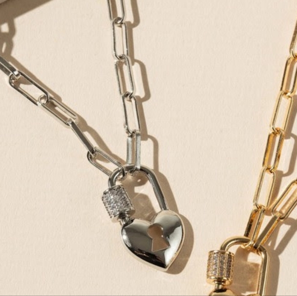 Silver Chain Necklace with Heart Lock Charm - Picture 4 of 7